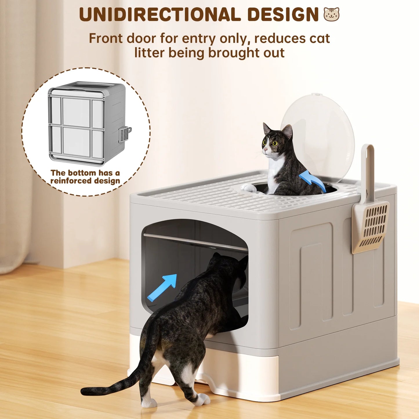 Large Foldable Enclosed Cat Litter Box with Scoop and Lid, Front Entry and Top Exit Design, Anti-Splashing, Drawer-Type for Easy Cleaning, Gray