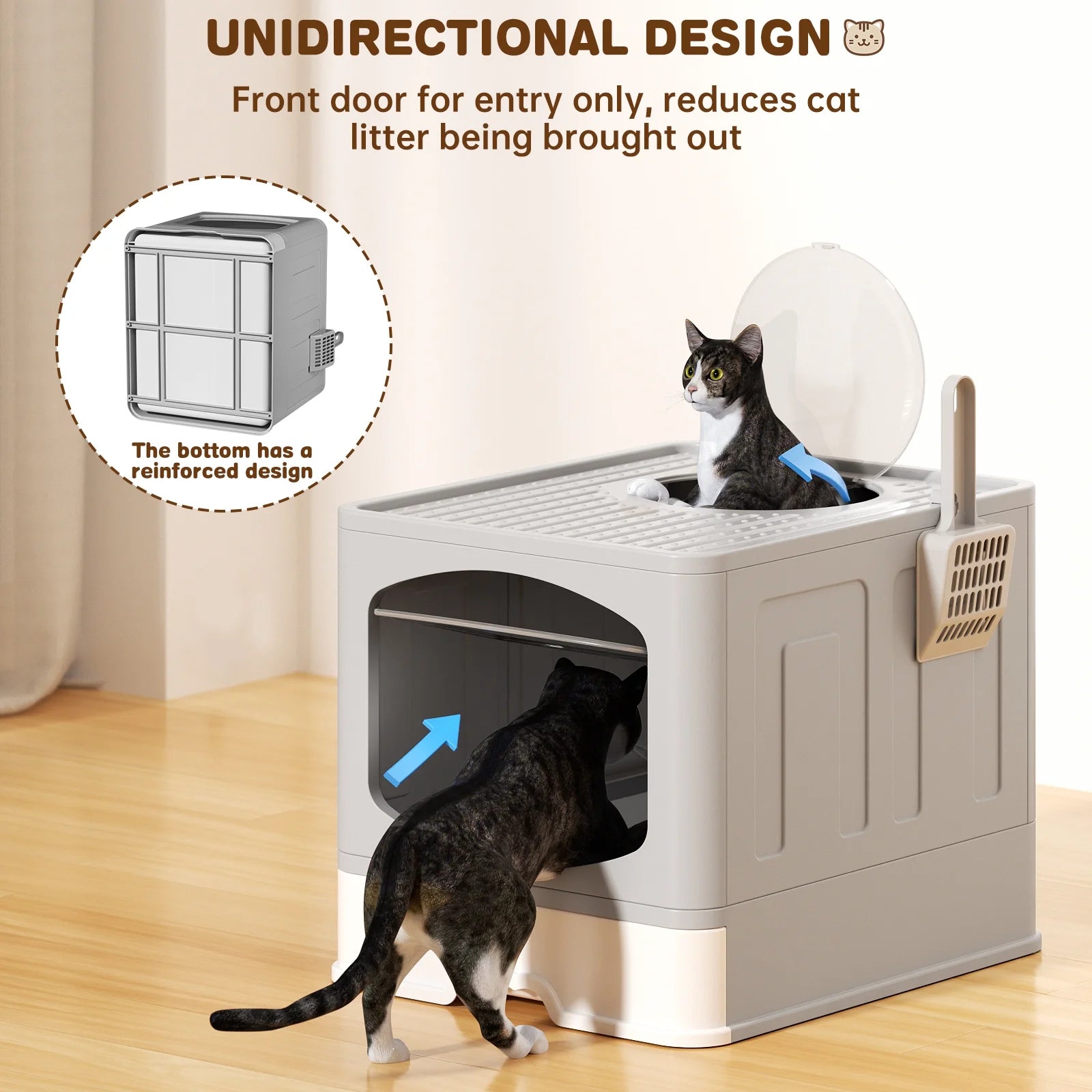 Large Foldable Enclosed Cat Litter Box with Scoop and Lid, Front Entry and Top Exit Design, Anti-Splashing, Drawer-Type for Easy Cleaning, Gray