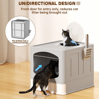 Large Foldable Enclosed Cat Litter Box with Scoop and Lid, Front Entry and Top Exit Design, Anti-Splashing, Drawer-Type for Easy Cleaning, Gray