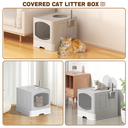 Large Foldable Enclosed Cat Litter Box with Scoop and Lid, Front Entry and Top Exit Design, Anti-Splashing, Drawer-Type for Easy Cleaning, Gray