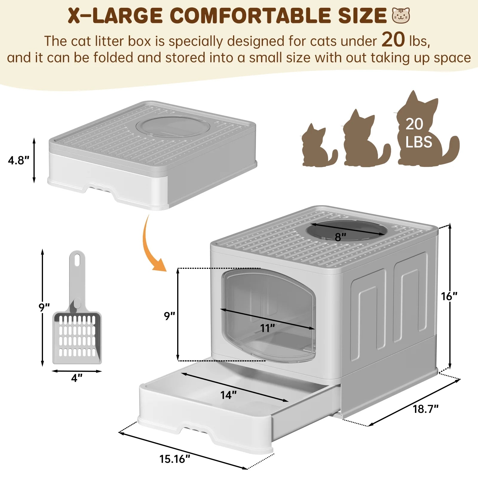 Large Foldable Enclosed Cat Litter Box with Scoop and Lid, Front Entry and Top Exit Design, Anti-Splashing, Drawer-Type for Easy Cleaning, Gray