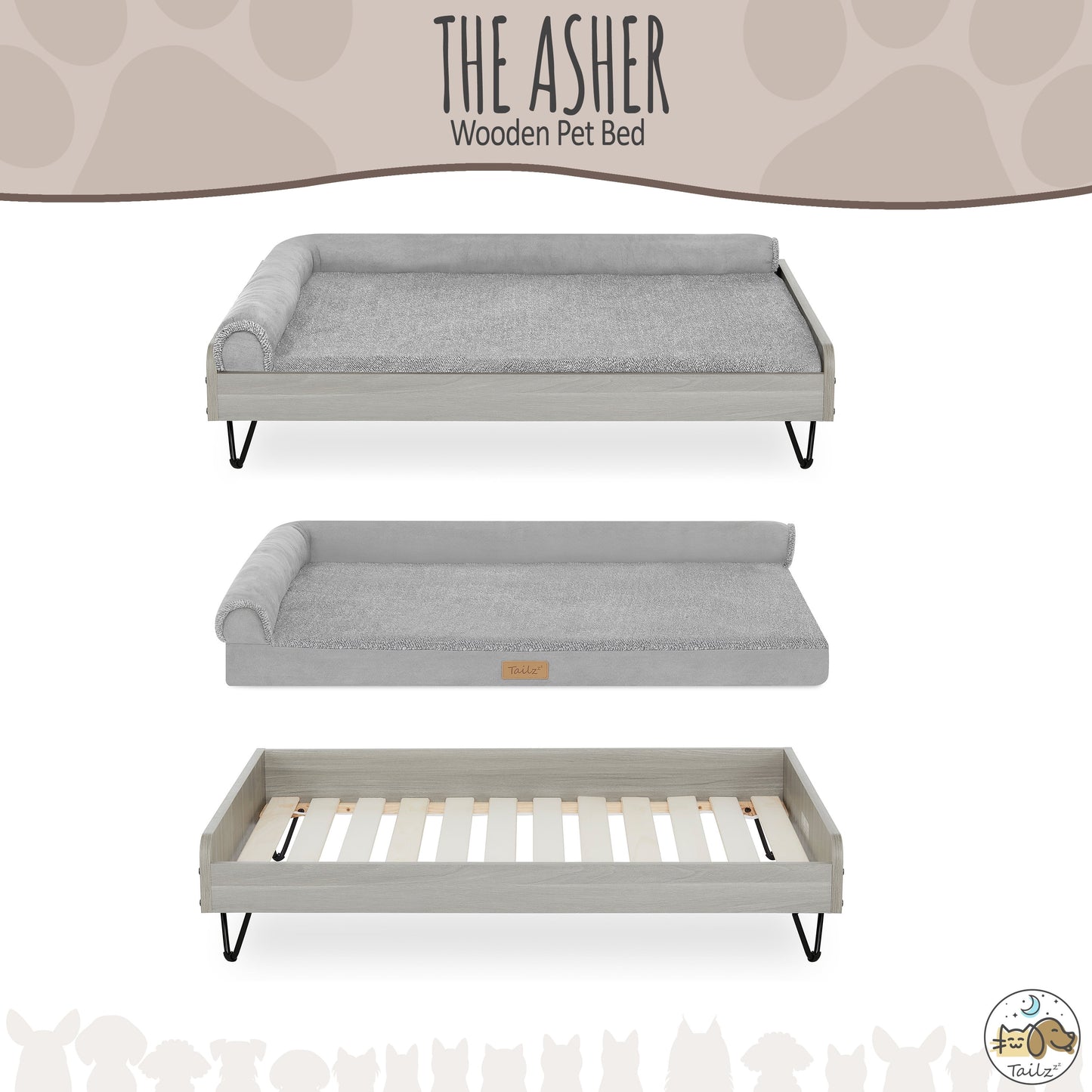 Asher Elevated Wooden Pet Bed with Mattress | Large to Extra Large | Greenguard Gold Certified