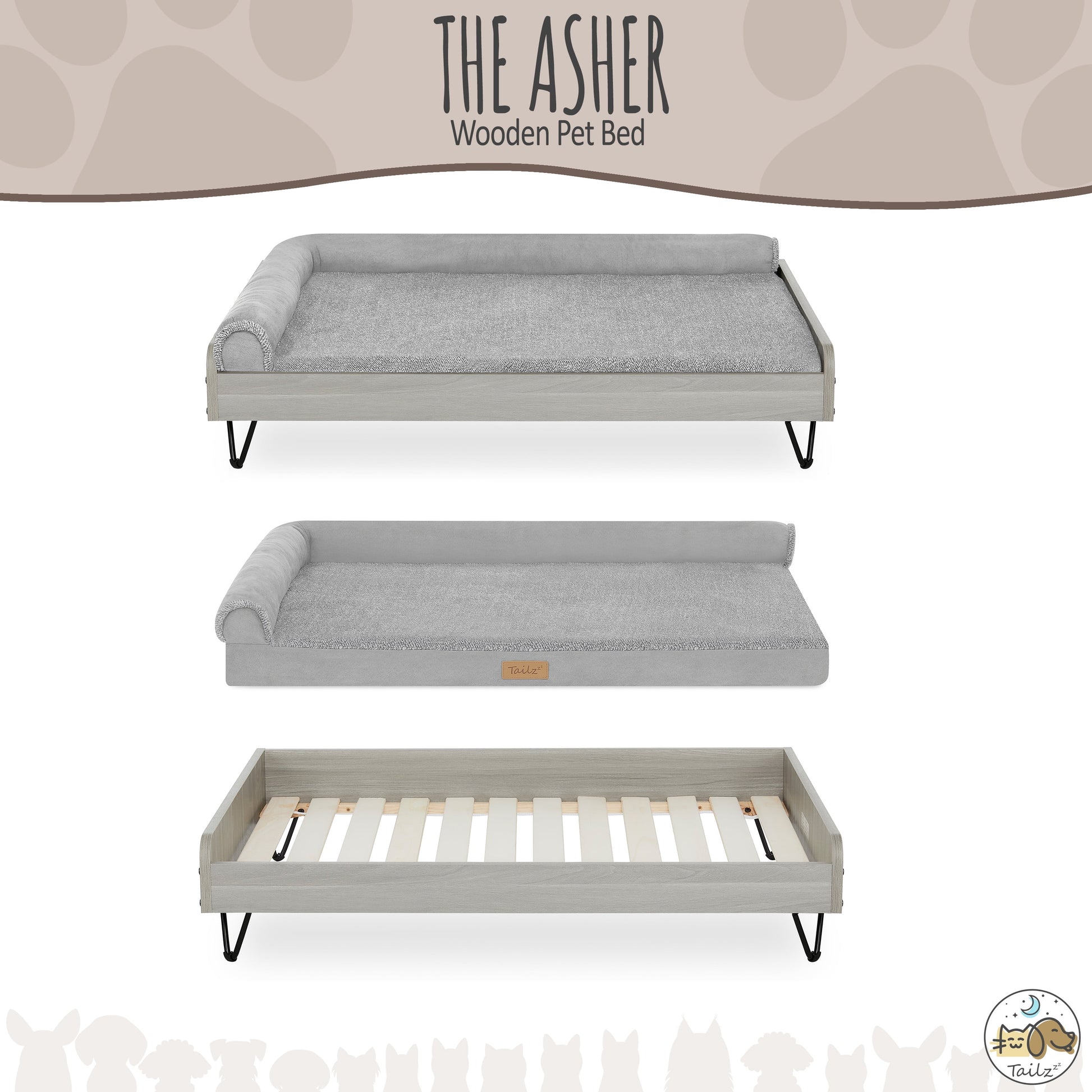 Asher Elevated Wooden Pet Bed with Mattress | Large to Extra Large | Greenguard Gold Certified