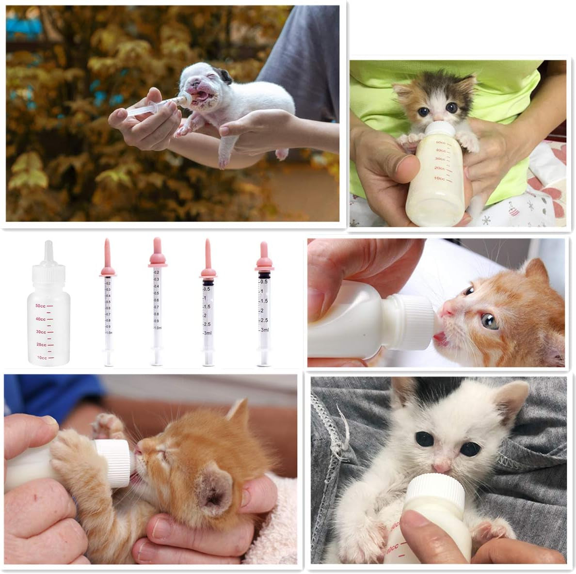Pet Feeding Bottle and Nursing Kit with Syringe and Pill Shooter Dispenser for Dogs, Cats, and Small Animals - Includes Silicone Nipples (Pink)