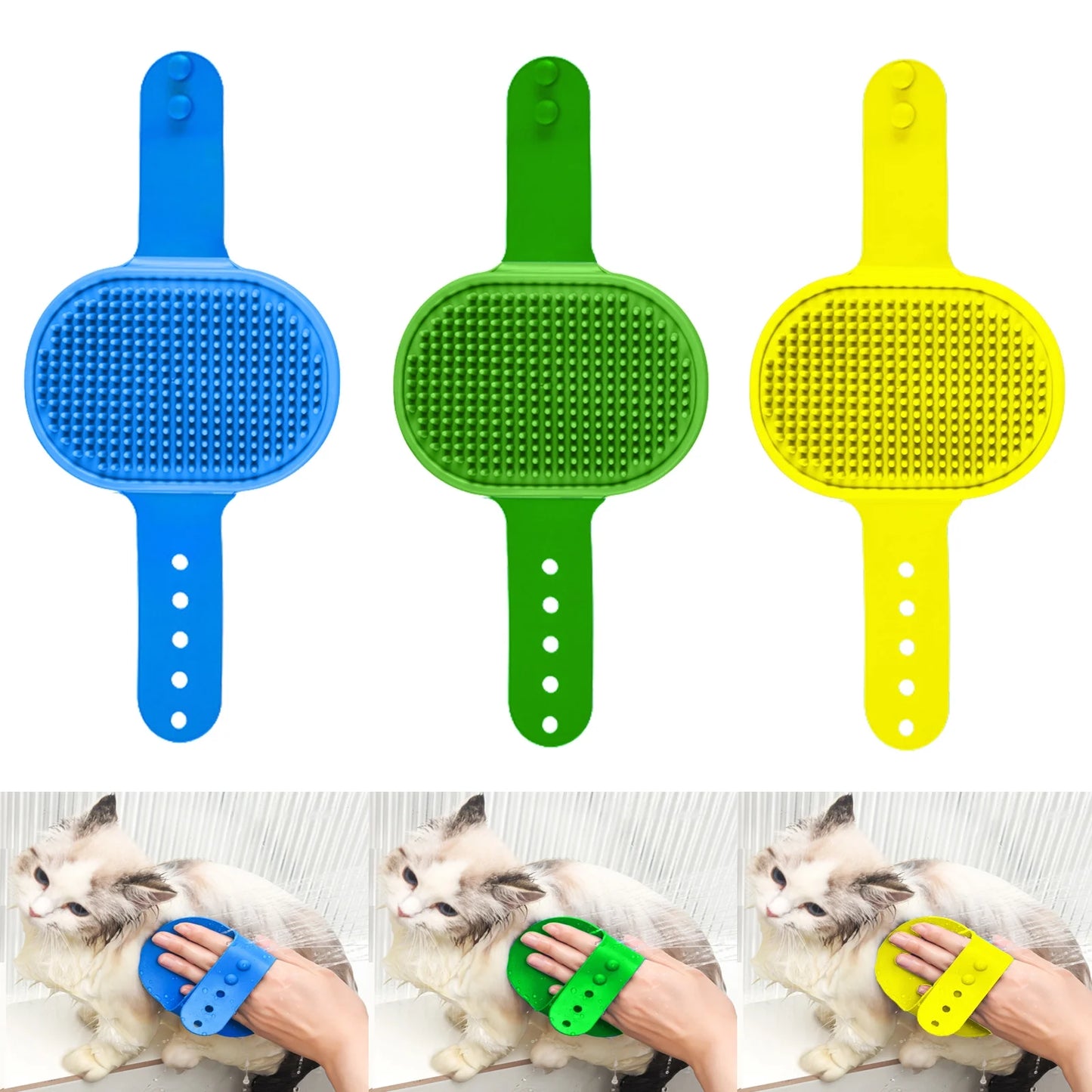 3-Pack Adjustable Width Pet Bath Brushes for Dogs and Cats - Soft Grooming and Washing Tools (Blue, Green, Yellow)