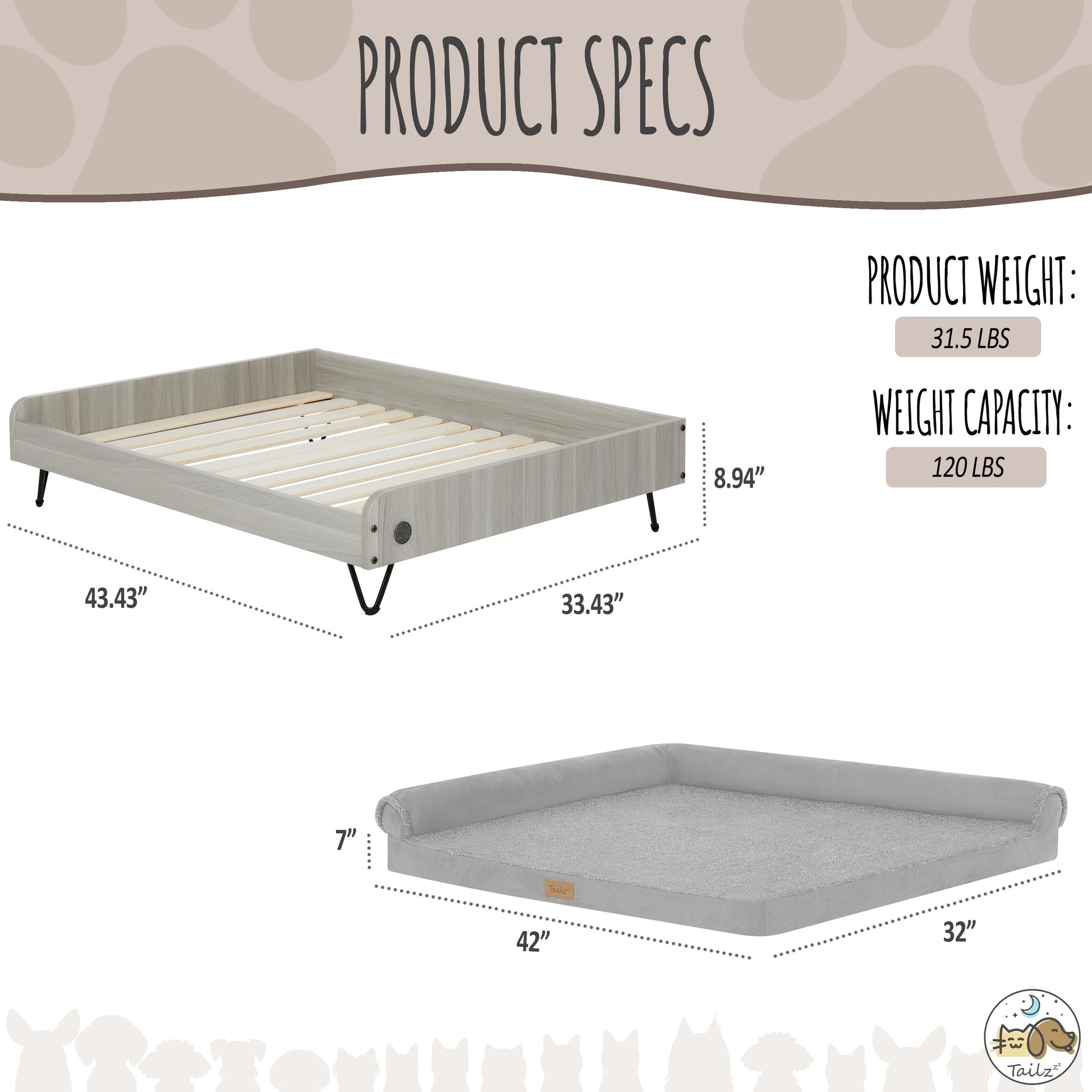Asher Elevated Wooden Pet Bed with Mattress | Large to Extra Large | Greenguard Gold Certified