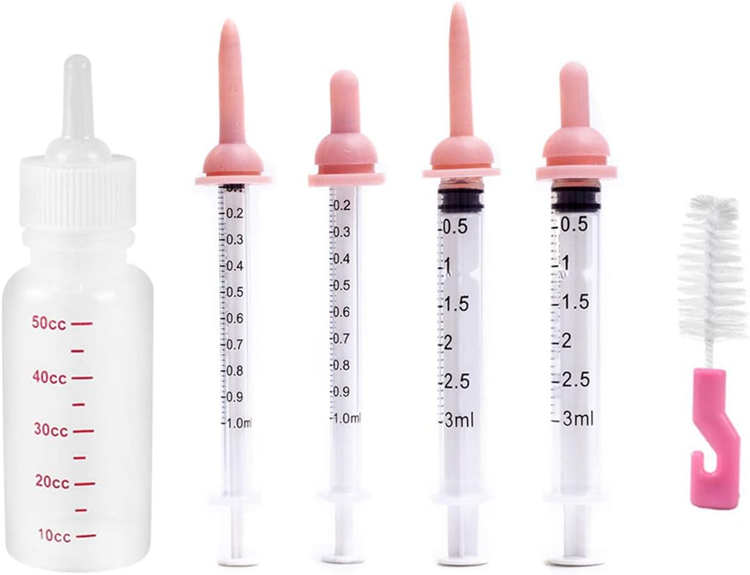 Pet Feeding Bottle and Nursing Kit with Syringe and Pill Shooter Dispenser for Dogs, Cats, and Small Animals - Includes Silicone Nipples (Pink)