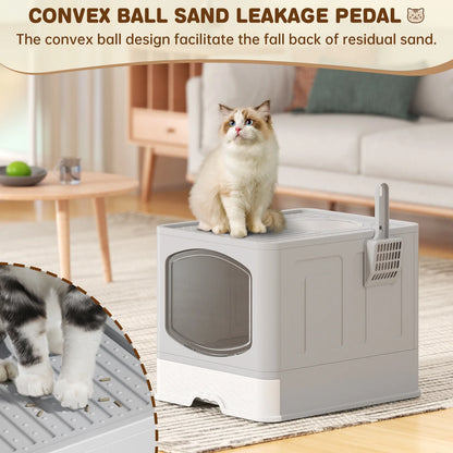 Large Foldable Enclosed Cat Litter Box with Scoop and Lid, Front Entry and Top Exit Design, Anti-Splashing, Drawer-Type for Easy Cleaning, Gray