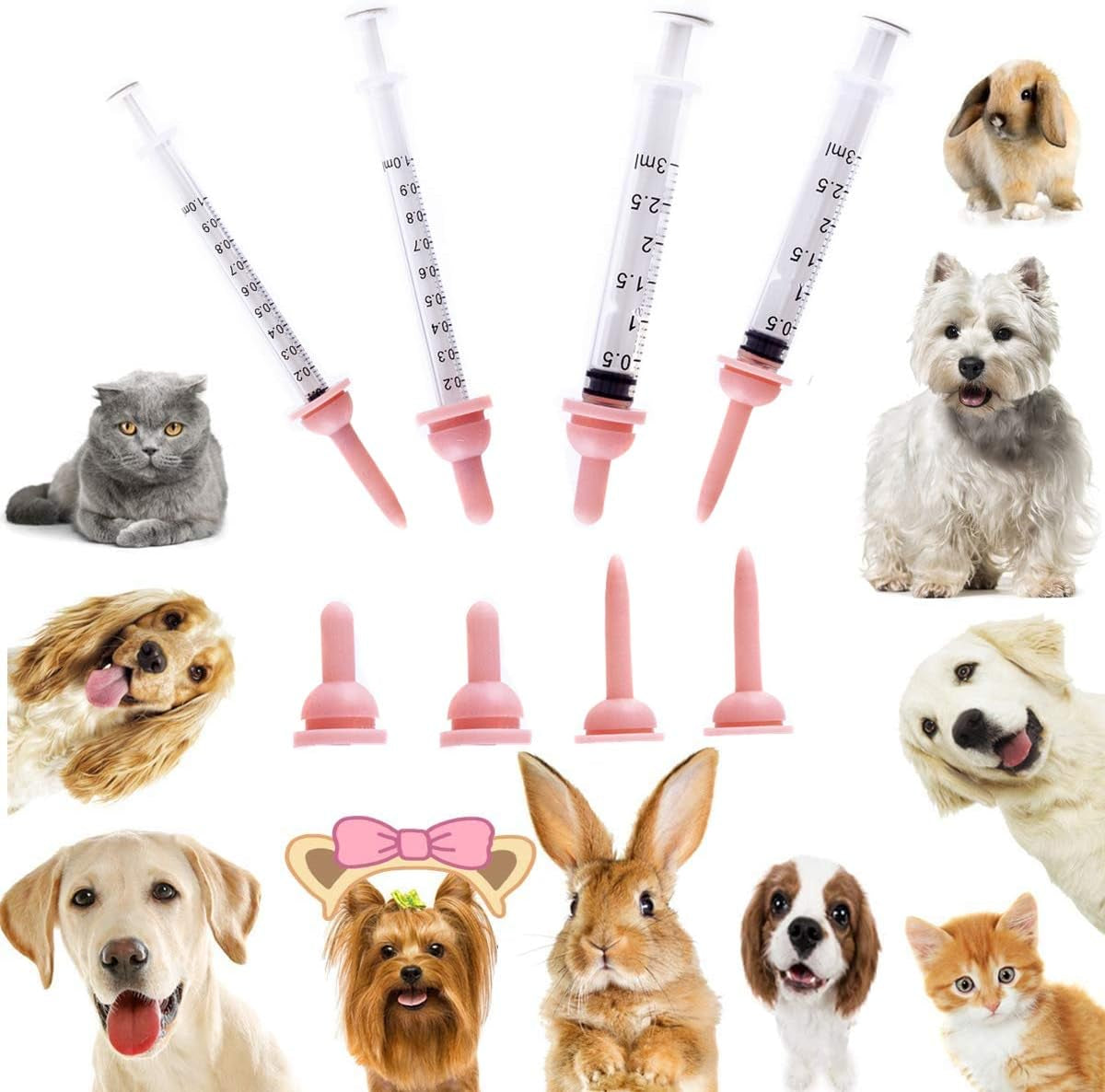 Pet Feeding Bottle and Nursing Kit with Syringe and Pill Shooter Dispenser for Dogs, Cats, and Small Animals - Includes Silicone Nipples (Pink)