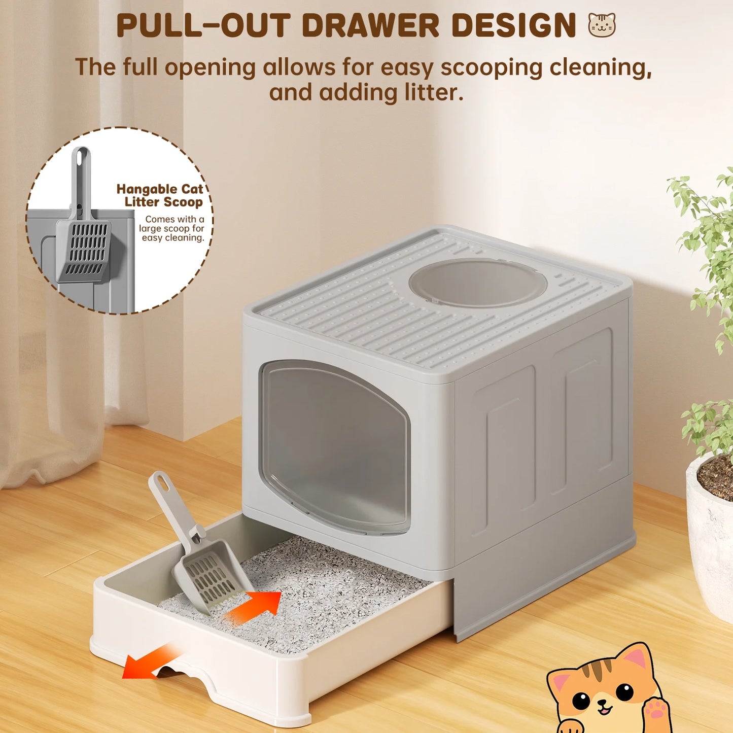 Large Foldable Enclosed Cat Litter Box with Scoop and Lid, Front Entry and Top Exit Design, Anti-Splashing, Drawer-Type for Easy Cleaning, Gray