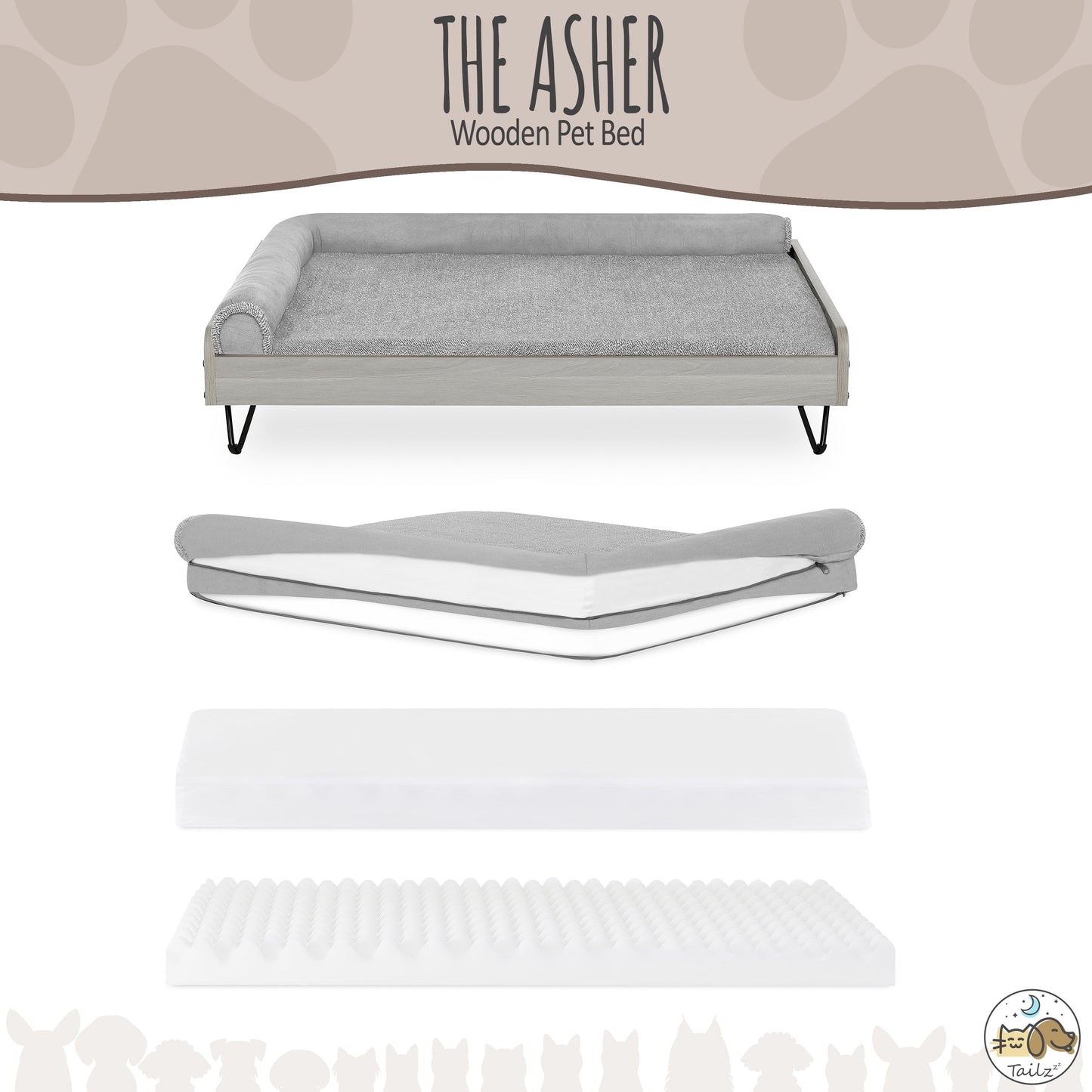 Asher Elevated Wooden Pet Bed with Mattress | Large to Extra Large | Greenguard Gold Certified