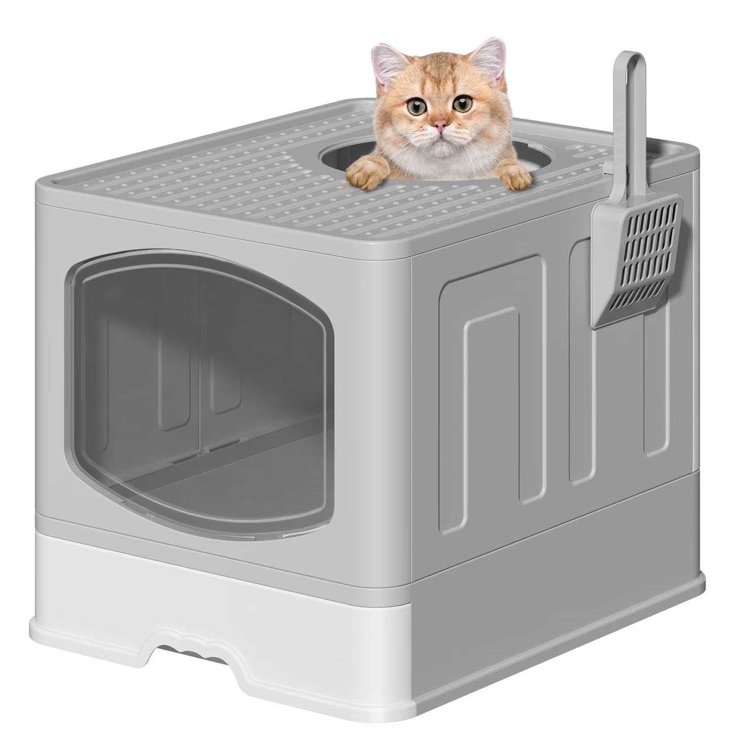 Large Foldable Enclosed Cat Litter Box with Scoop and Lid, Front Entry and Top Exit Design, Anti-Splashing, Drawer-Type for Easy Cleaning, Gray