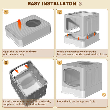 Large Foldable Enclosed Cat Litter Box with Scoop and Lid, Front Entry and Top Exit Design, Anti-Splashing, Drawer-Type for Easy Cleaning, Gray